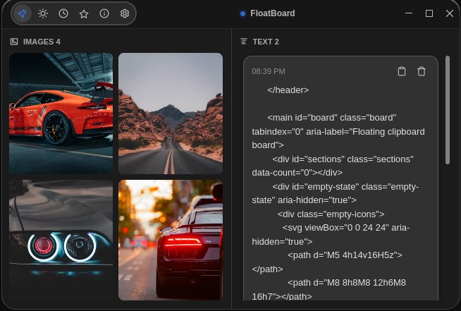 FloatBoard with four image thumbnails on the left and a text card containing HTML markup on the right