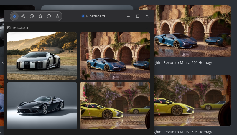 FloatBoard showing four car-photo thumbnails in a two-by-two grid above a browser page with larger source images
