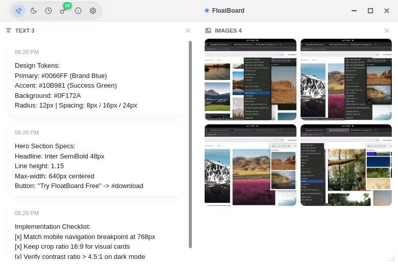 FloatBoard in dark mode showing three design token notes on the left and four landscape UI reference cards on the right