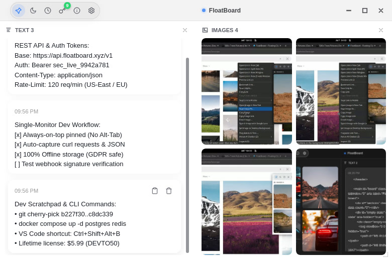 FloatBoard always-on-top developer workspace with notes and screenshots