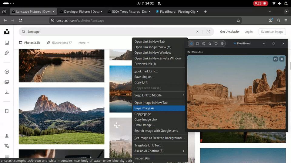 Recorded FloatBoard demo beside a browser search for landscape photography, with a selected reference image shown in a larger view