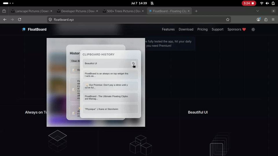 Archived Linux FloatBoard demonstration showing several text cards, an image board, and a clipboard history panel with a clear control
