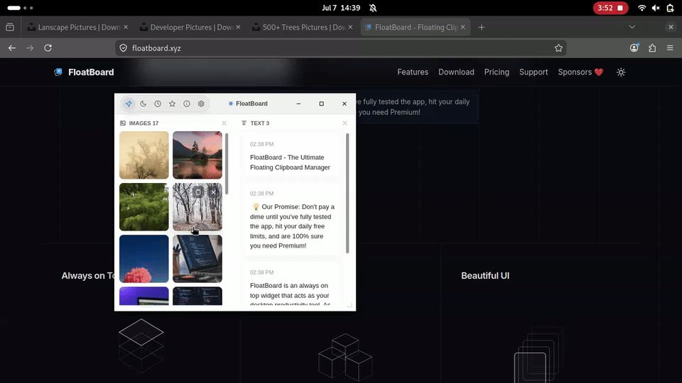 Archived Linux FloatBoard demonstration showing image thumbnails on a board and a history panel with older entries