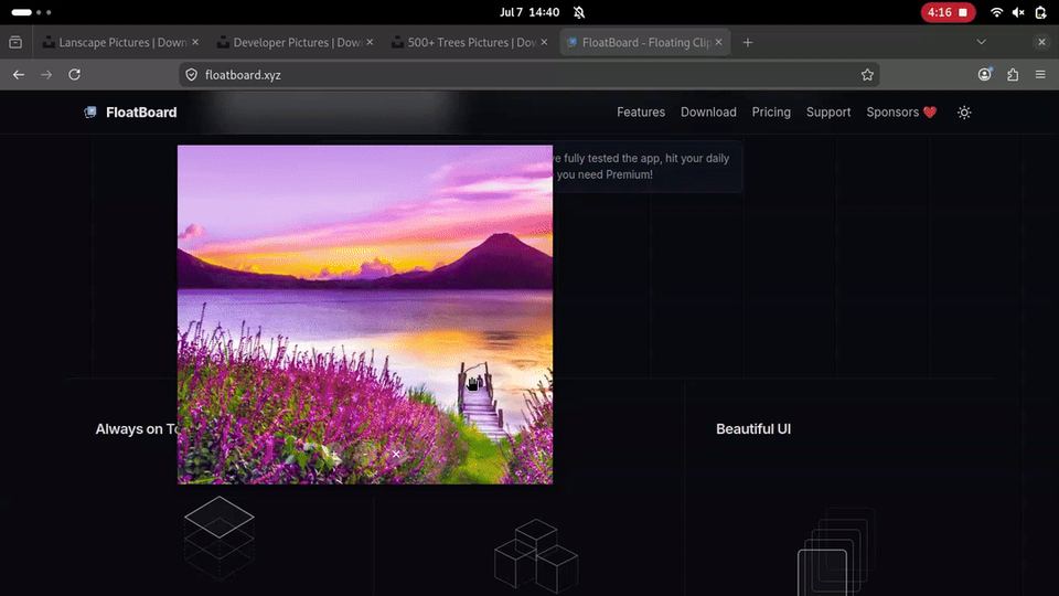 Archived Linux FloatBoard demonstration starting with an empty window and ending with two landscape images visible side by side
