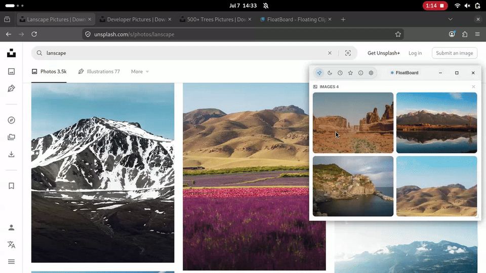 Recorded FloatBoard demo showing a small grid of landscape references beside browser image results