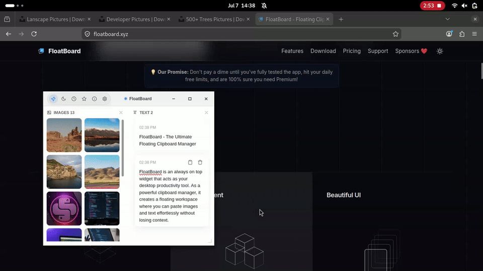 Archived Linux FloatBoard demo with text selected on a website and text cards displayed beside image thumbnails