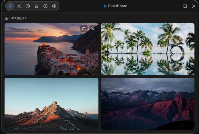 FloatBoard in dark mode displaying four landscape image references in a two-column grid