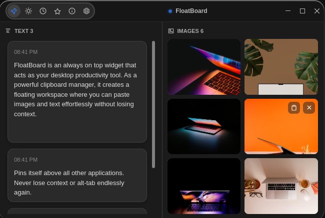 FloatBoard showing text reference cards on the left and six image thumbnails on the right
